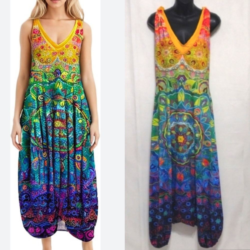 Colorful Boho Drop Crotch Harem Jumpsuit Womens Racerback Festival Yoga Romper L - Picture 3 of 12
